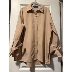 Zara Women's Size L Button-Up Shirt Oversized Beige Long Wide Sleeves with Tie